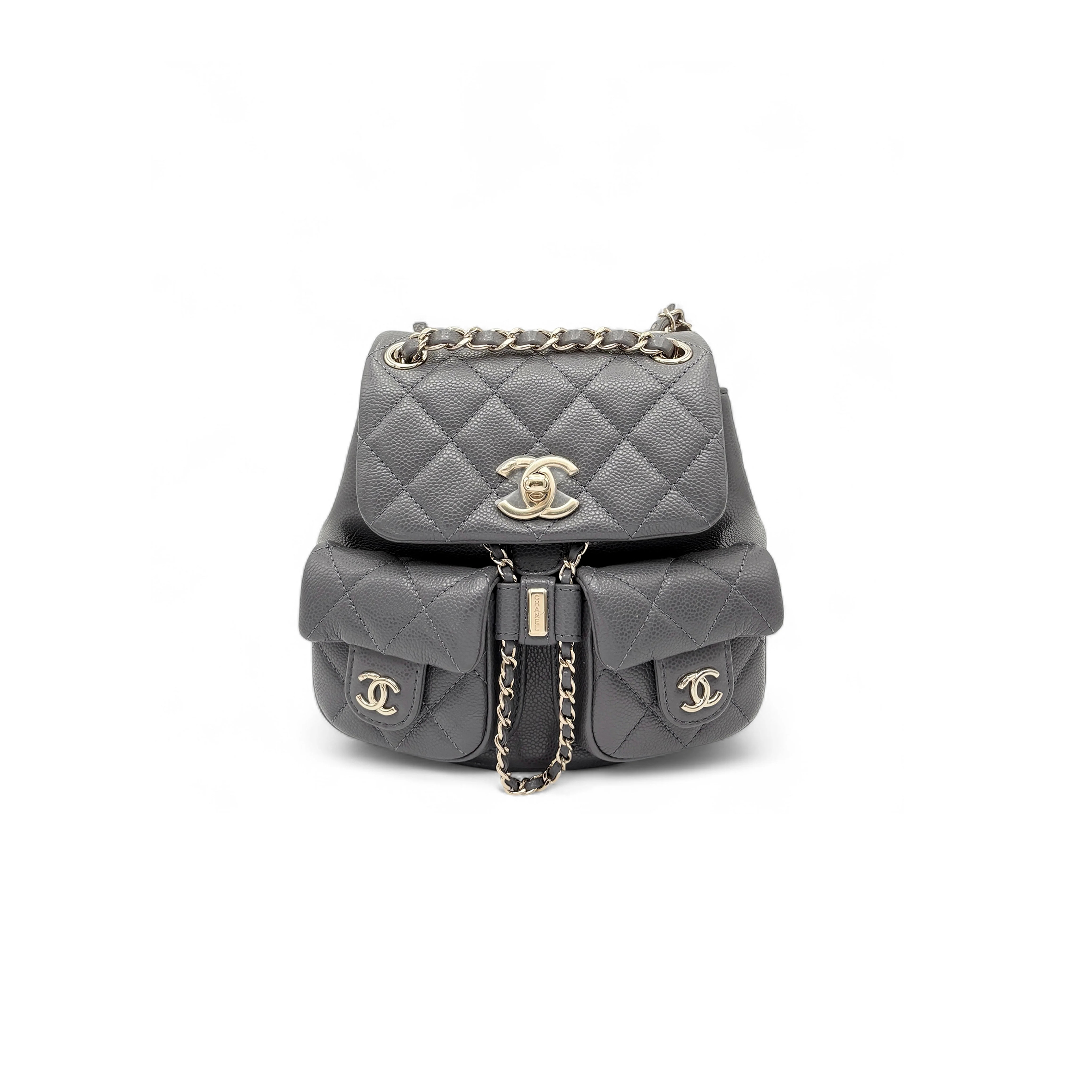 Ch*el small backpack grained calfskin & gold-tone metal dark gray as3787 b16981 (17.5*16.5*10cm)
